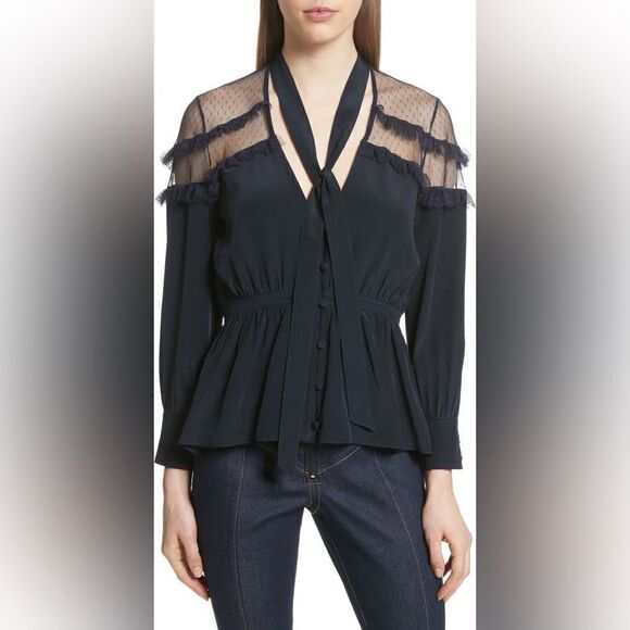 Cinq a Sept Peyton 100% Silk Blue Blouse Shirt Button Down Tie Neck Size M - Picture 6 of 14